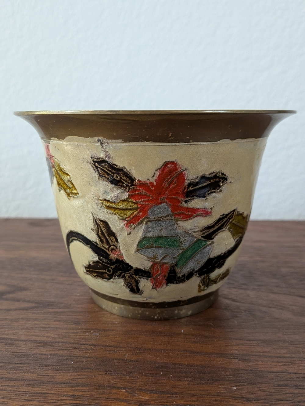 Vintage Brass Cloisonne HandPainted Enamel Christmas Bells Holly Bowl Planter
